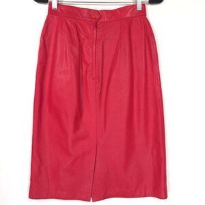Vintage JFS SIGNATURE GENUINE LEATHER Red Lined Midi Skirt Women's Size 8‎